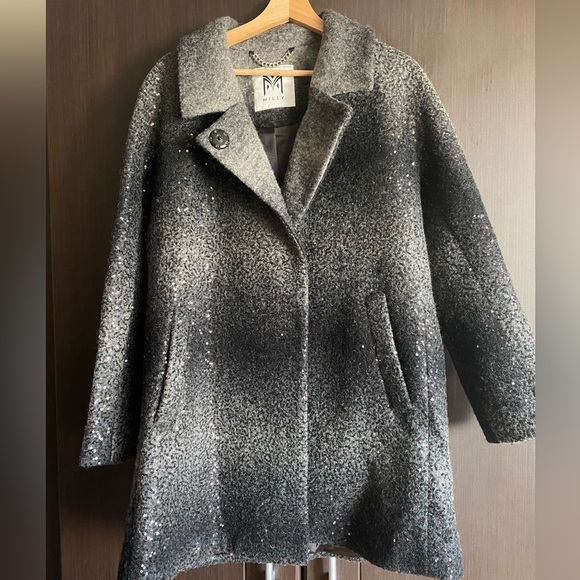 Milly Women's Sequin Wool Angle Coat Charcoal Long Blazer Ombre size M - Picture 1 of 5
